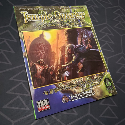 Image shows the front cover of the Temple Quarter: A City Quarters Sourcebook roleplaying game book