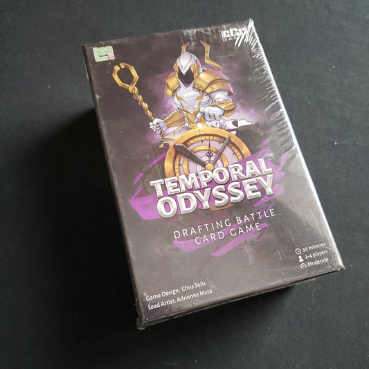 Image shows the front cover of the box of the Temporal Odyssey card game