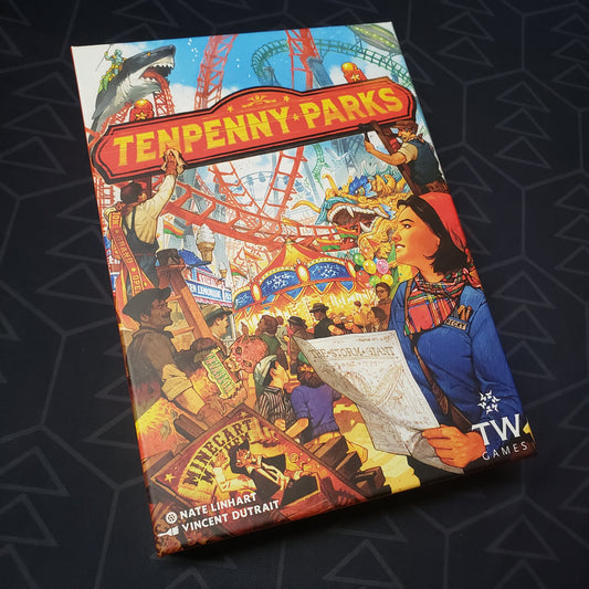 Image shows the front cover of the box for the Tenpenny Parks board game