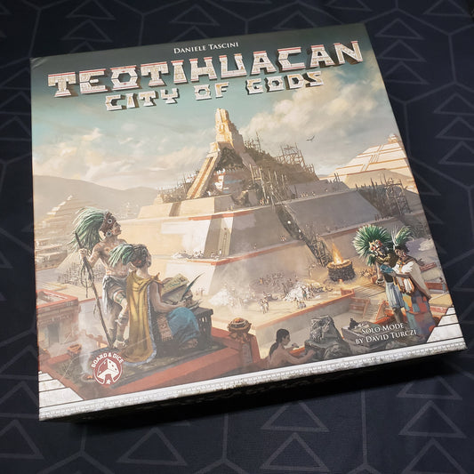 Image shows the front cover of the box of the board game Teotihuacan: City of Gods
