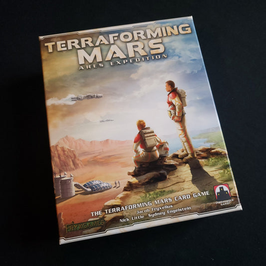 Image shows the front cover of the box of the Terraforming Mars: Ares Expedition card game