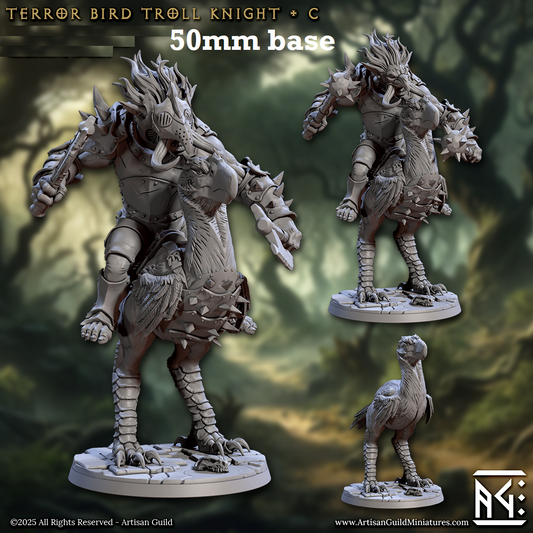 Image shows 3D renders of two sculpt options for a troll warrior riding an axebeak gaming miniature.