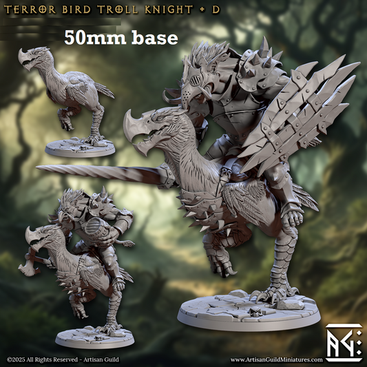Image shows 3D renders of two sculpt options for a troll warrior riding an axebeak gaming miniature.