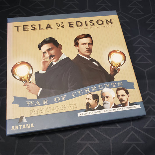 Image shows the front cover of the box of the Tesla vs Edison: War of Currents board game