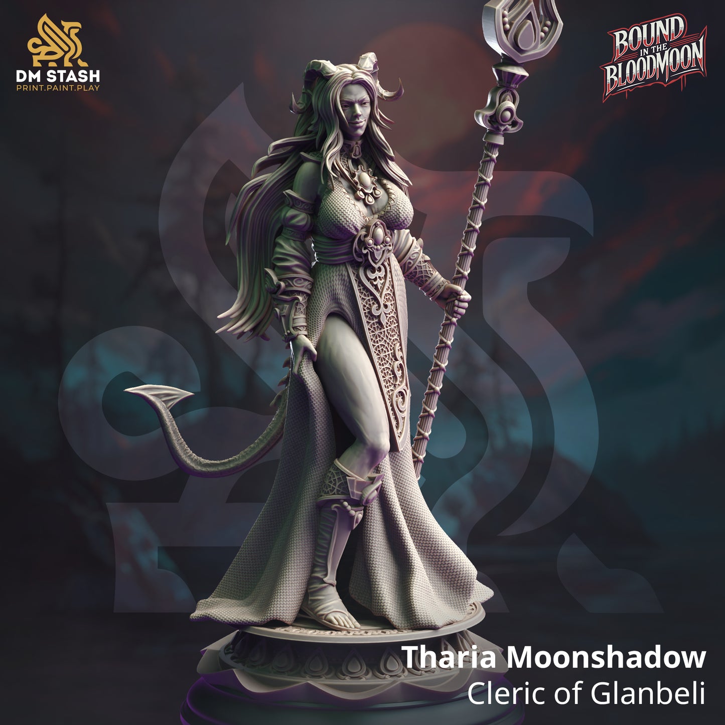 Image shows a 3D render of an tiefling cleric gaming miniature