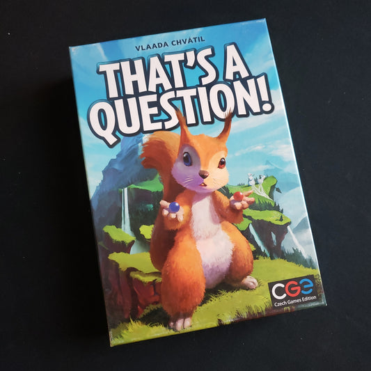 Image shows the front cover of the box of the That's A Question! party game