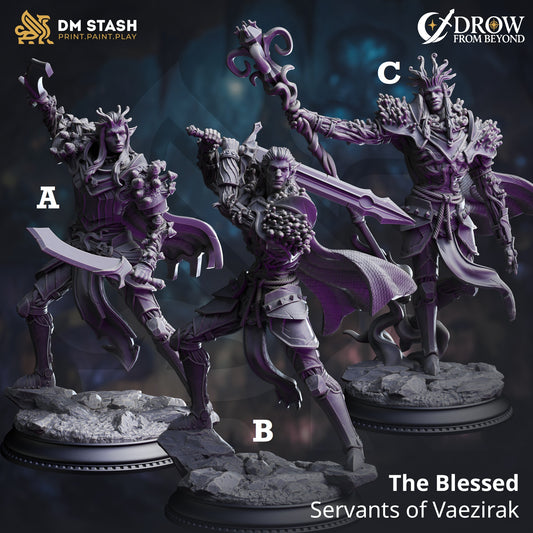 Image shows 3D renders for three different sculpt options of a fungus-infested drow gaming miniature.