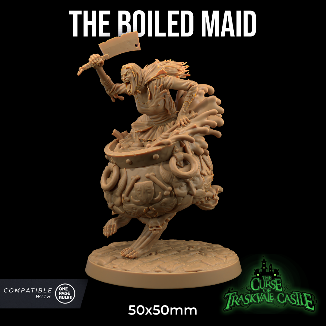 Image shows a 3D render of a gaming miniature of a maid in a cauldron with legs, holding a meat cleaver