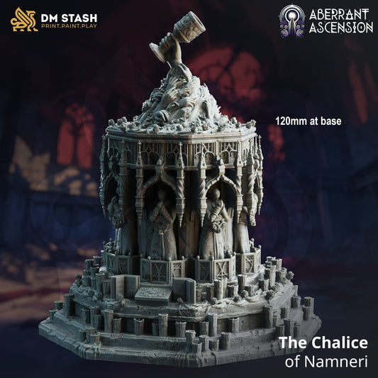 Image shows a 3D render of a shrine gaming miniature terrain with reaching hands and a chalice at the top