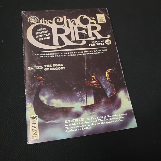 Image shows the front cover of the Chaos Crier #0 roleplaying game zine