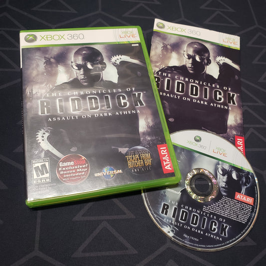 Image shows the case, manual and disc for the video game The Chronicles of Riddick: Assault on Dark Athena for Xbox 360