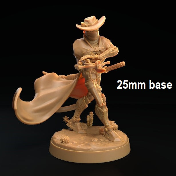 Image shows a 3D render of a warforged gunslinger gaming miniature holding a crossbow