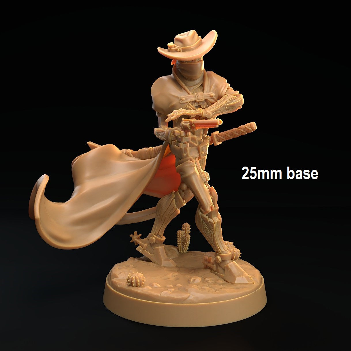 Image shows a 3D render of a warforged gunslinger gaming miniature holding a pistol