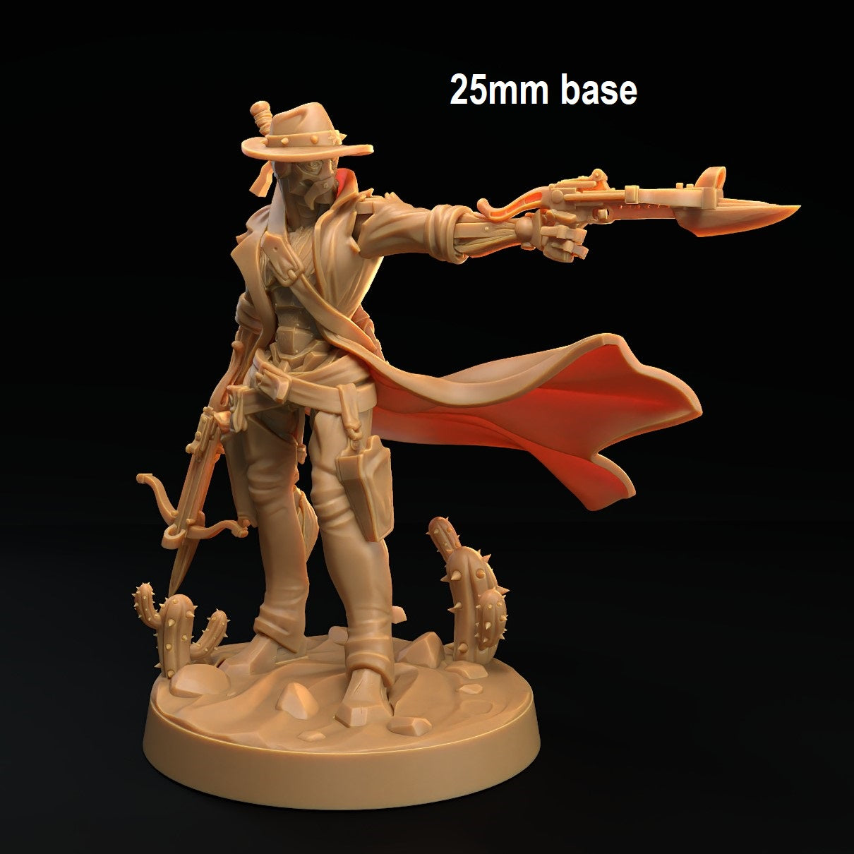 Image shows a 3D render of a warforged gunslinger gaming miniature holding two crossbows