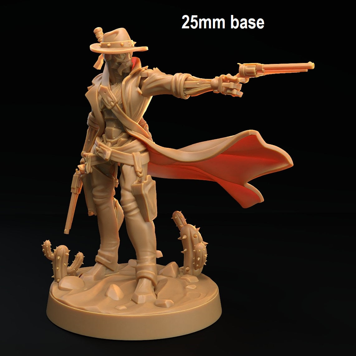 Image shows a 3D render of a warforged gunslinger gaming miniature holding two pistols