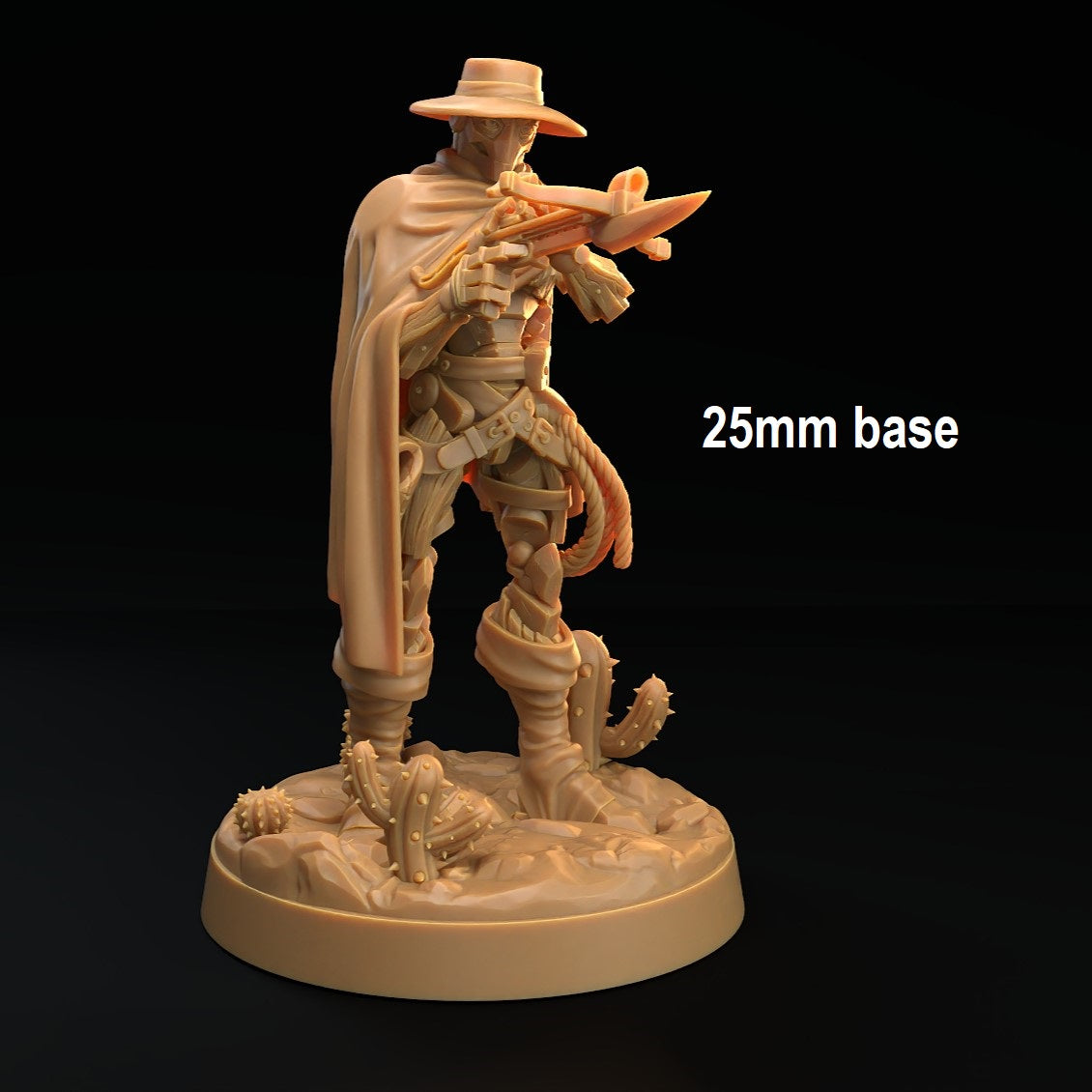 Image shows a 3D render of a warforged gunslinger gaming miniature holding a crossbows