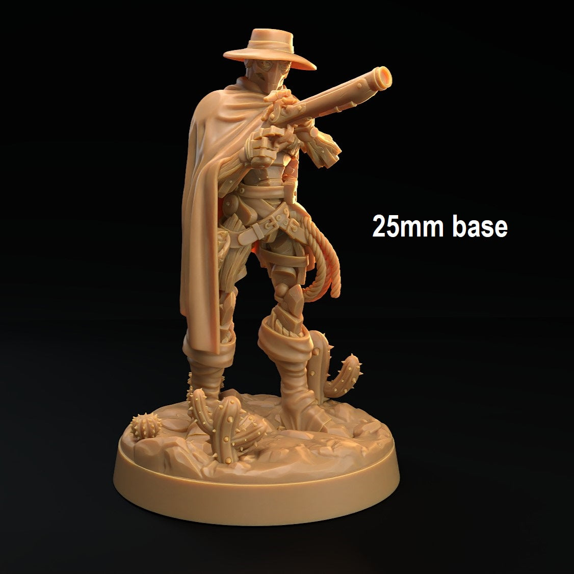 Image shows a 3D render of a warforged gunslinger gaming miniature holding a gun