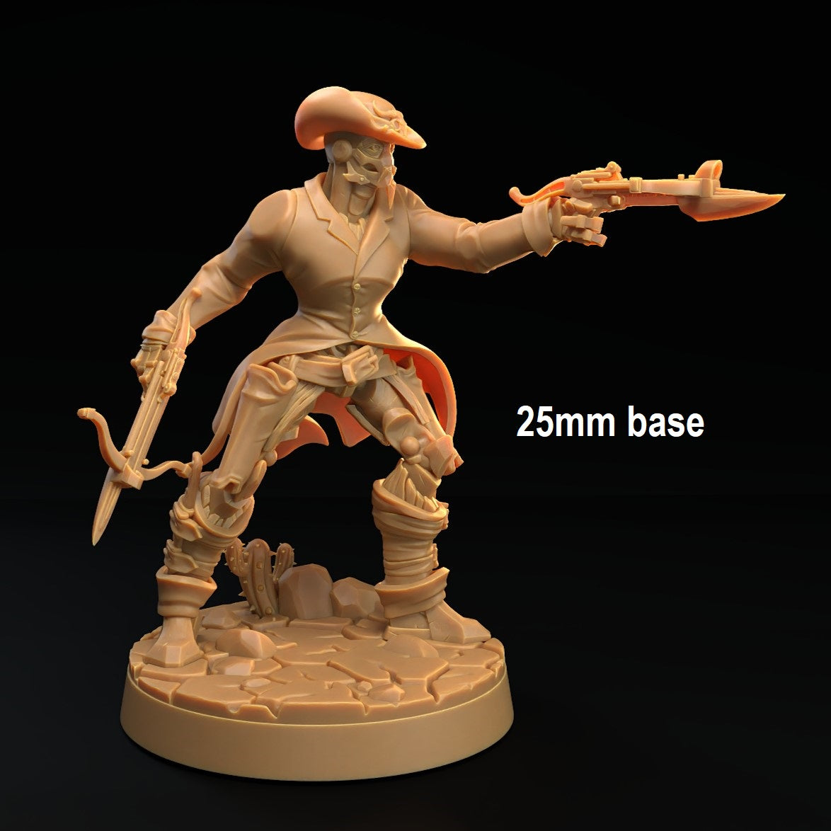 Image shows a 3D render of a warforged gunslinger gaming miniature holding two crossbows