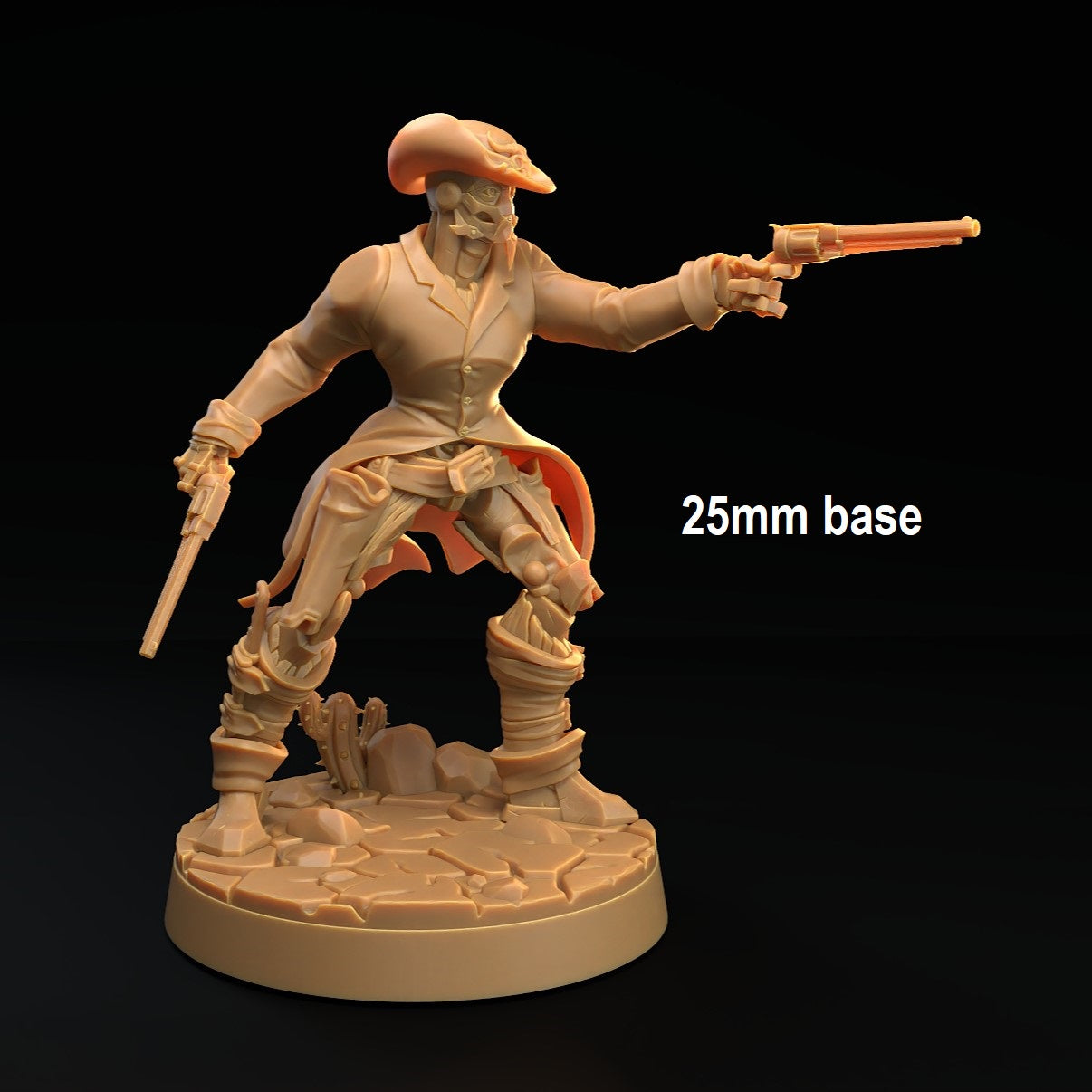 Image shows a 3D render of a warforged gunslinger gaming miniature holding two guns