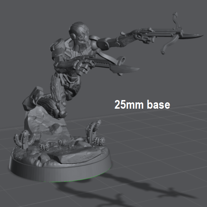 Image shows a 3D render of a warforged gunslinger gaming miniature, leaping and holding two crossbows outstretched