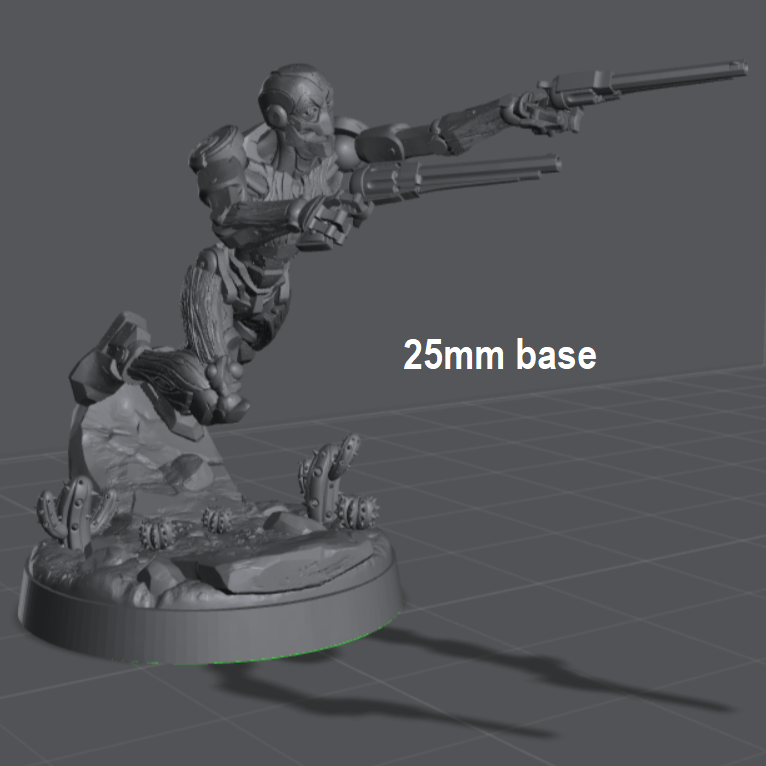 Image shows a 3D render of a warforged gunslinger gaming miniature, leaping and holding two guns outstretched