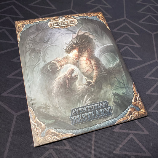 Image shows the front cover of the Aventurian Bestiary (Pocket Edition) book for the roleplaying game The Dark Eye