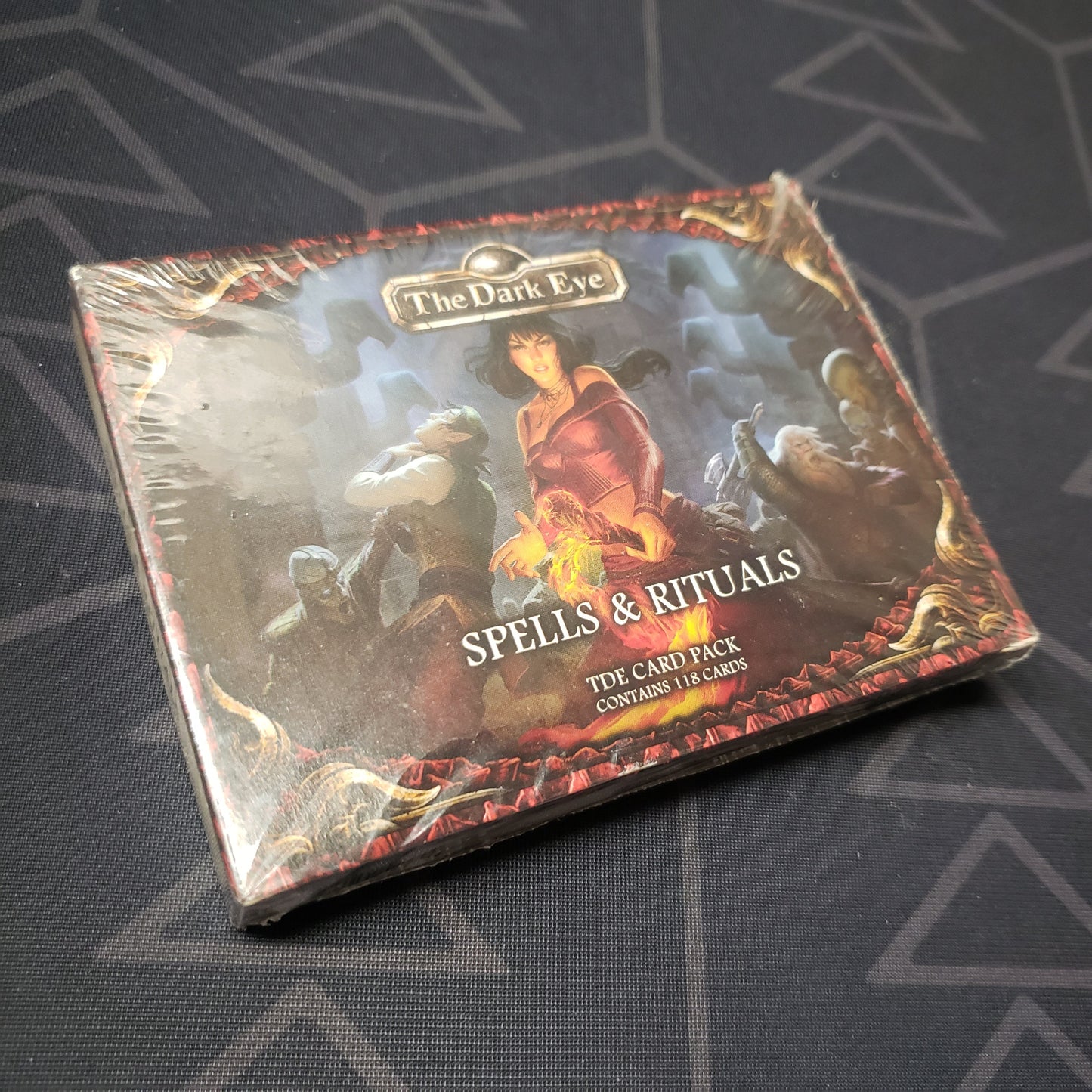 Image shows the front cover of the Spells & Rituals Card pack box for the roleplaying game The Dark Eye