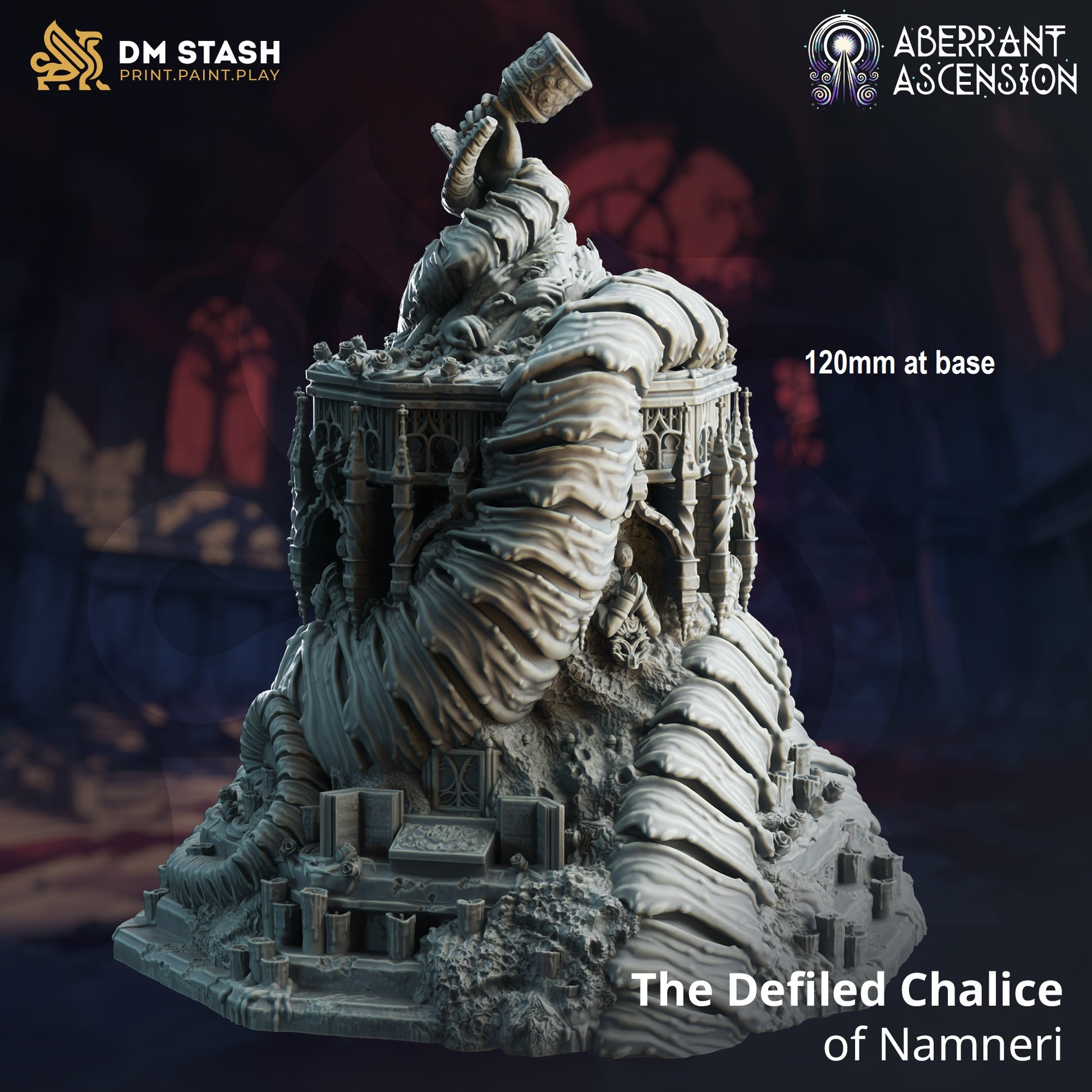 Image shows a 3D render of a shrine gaming miniature terrain with reaching hands and a chalice at the top, wrapped in a giant corrupted tentacle