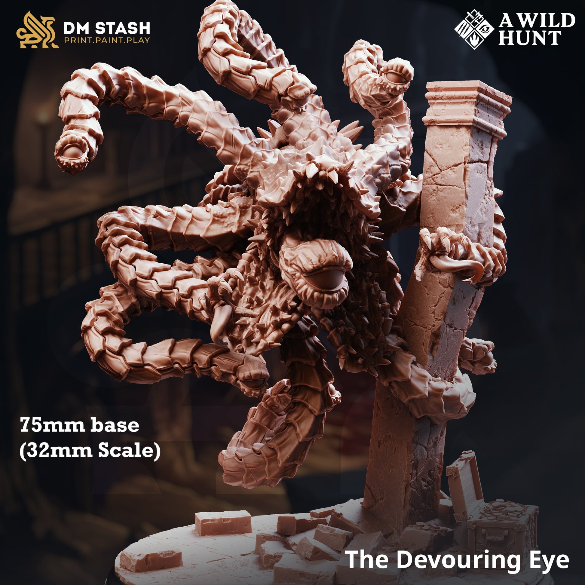 Image shows a 3D render of a beholder gaming miniature.