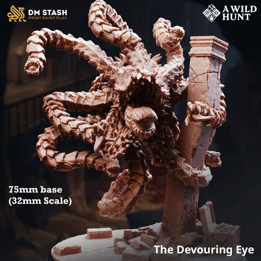 Image shows a 3D render of a beholder gaming miniature.