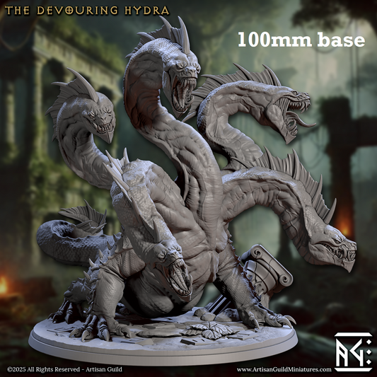 Image shows a 3D render of a five-headed hydra gaming miniature.
