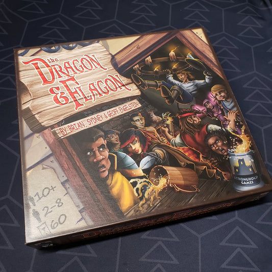 Image shows the front cover of the box for the Dragon & Flagon board game