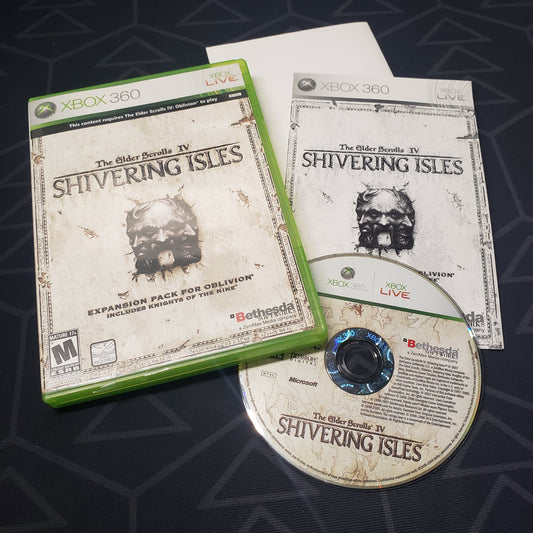 Image shows the case, insert, map and disc for the Shivering Isles Expansion for the video game The Elder Scrolls IV: Oblivion for Xbox 360