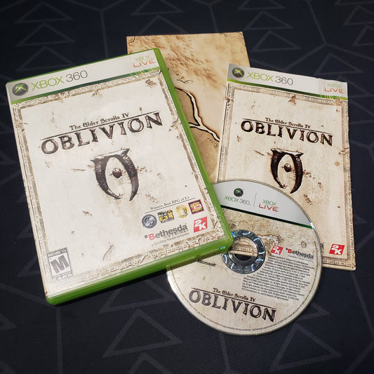Image shows the case, manual, map and disc for the video game The Elder Scrolls IV: Oblivion for Xbox 360