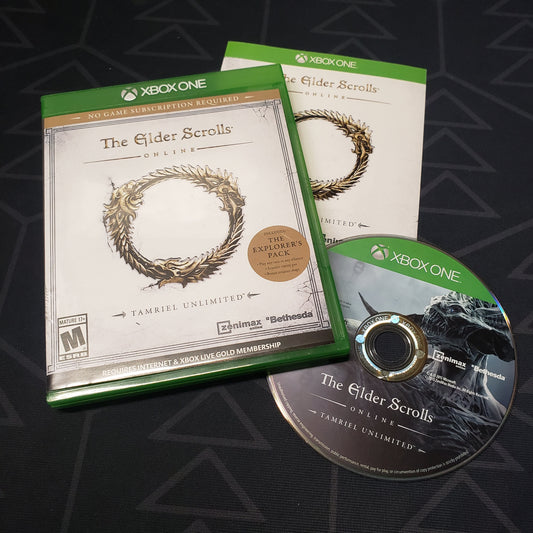 Image shows the case, manual and disc for the video game The Elder Scrolls Online: Tamriel Unlimited for Xbox One