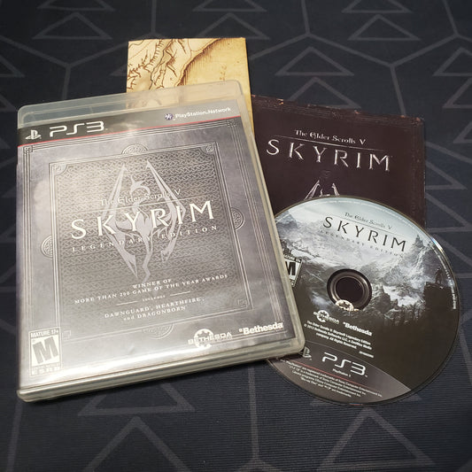 Image shows the case, manual and disc for the video game The Elder Scrolls V: Skyrim Legendary Edition for Playstation 3