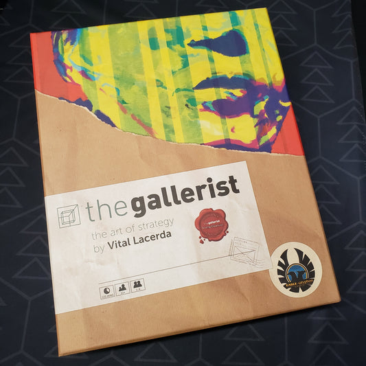 Image shows the front cover of the box of the Gallerist board game