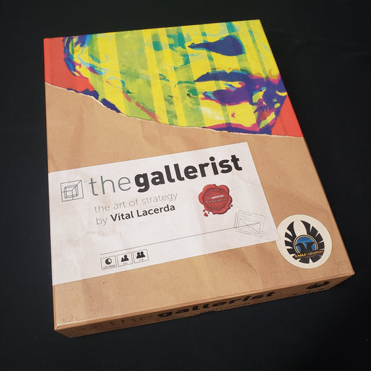 Image shows the front cover of the box of the Gallerist board game