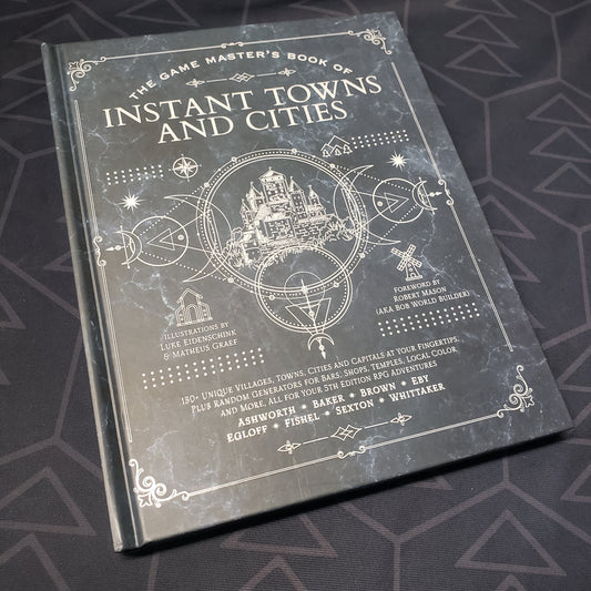 Image shows the front cover of the Game Master's Book of Instant Towns & Cities roleplaying game book