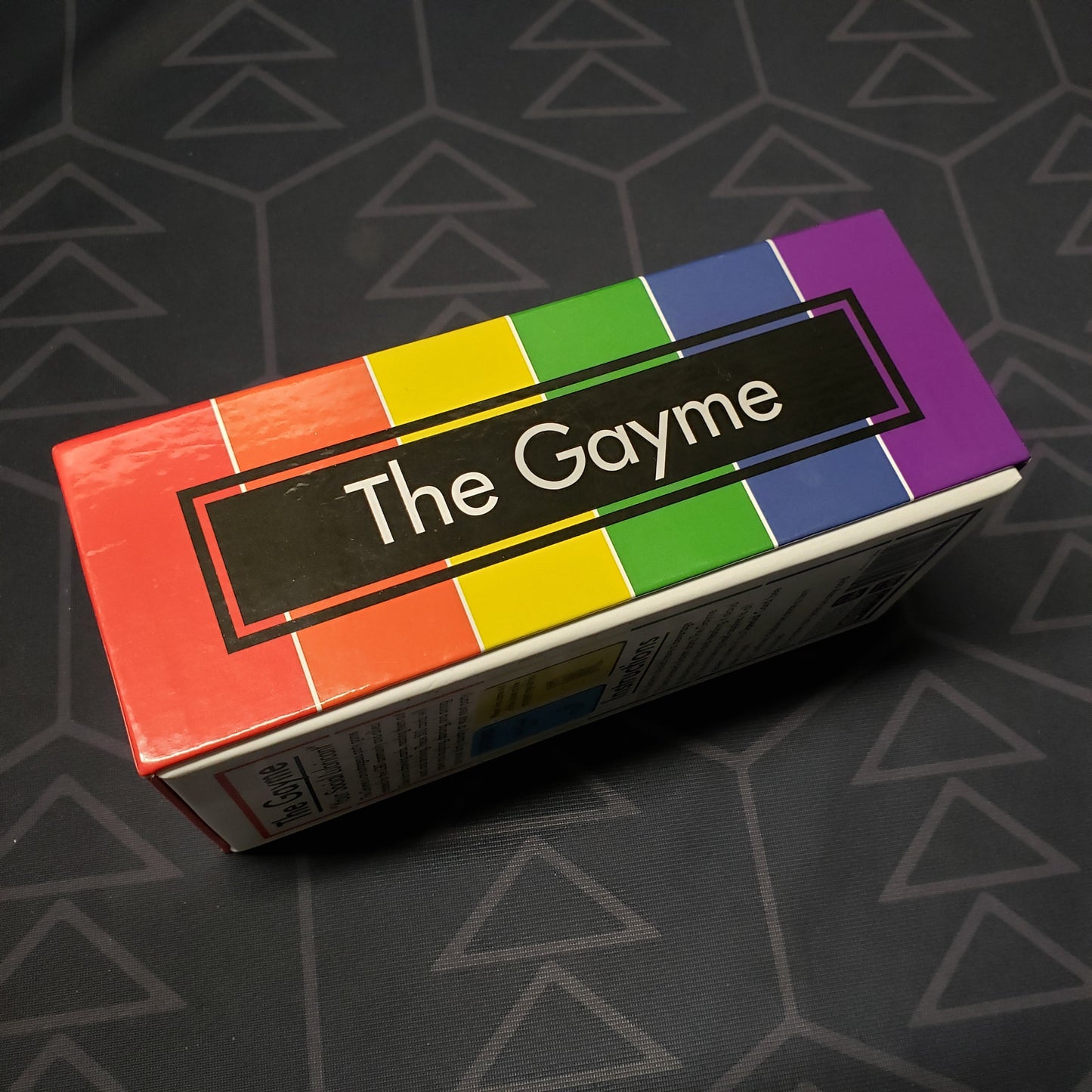 Image shows the front cover of the box for the card game The Gayme