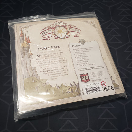 Image shows the bagged instructions insert of the Party Pack expansion for the board game The Guild of Merchant Explorers