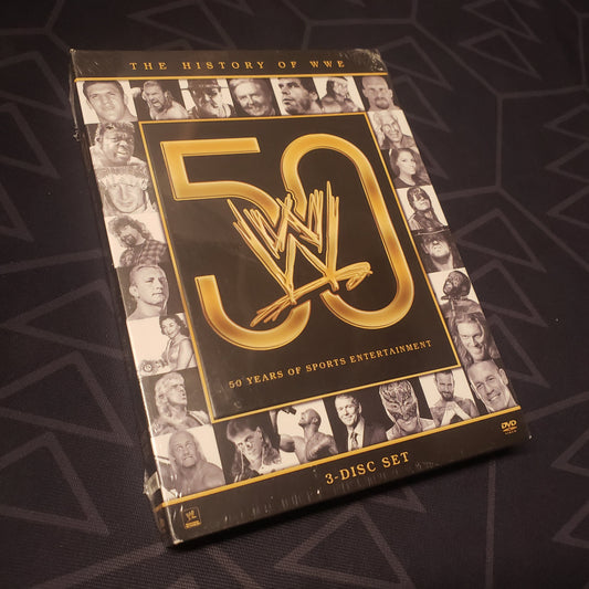 Image shows the front of the case for the wrestling box set The History of WWE: 50 Years of Sports Entertainment on DVD