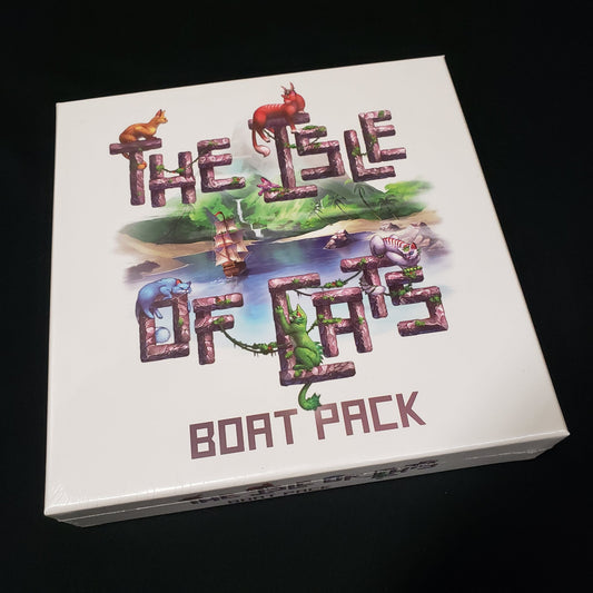 Image shows the front cover of the box of the Boat Pack expansion for the board game Isle of Cats