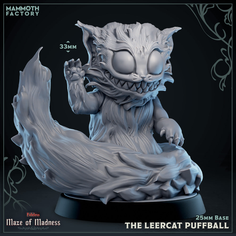 Image shows a 3D render of a creepy smiling cat gaming miniature.