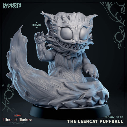 Image shows a 3D render of a creepy smiling cat gaming miniature.