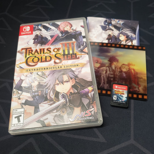 Image shows the case, inserts & cartridge for the video game The Legend of Heroes: Trails of Cold Steel III for Nintendo Switch