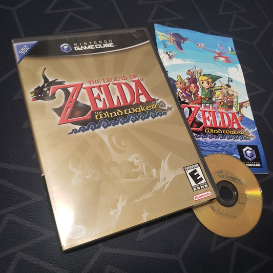 Image shows the case, manual and disc for the video game The Legend of Zelda: The Wind Waker for Nintendo GameCube