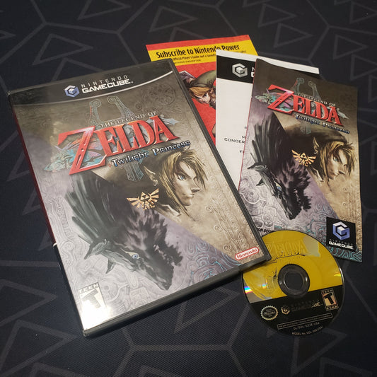 Image shows the case, manual and disc for the video game The Legend of Zelda: Twilight Princess for Nintendo GameCube