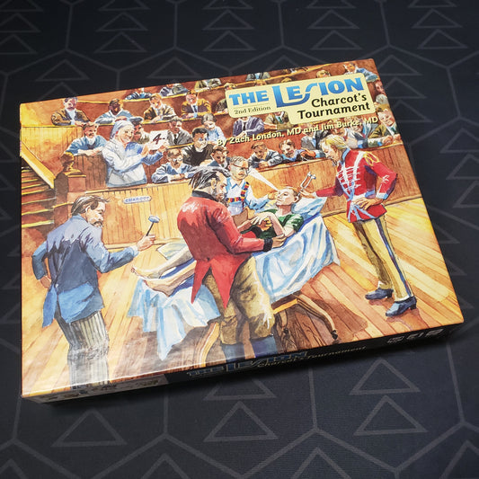 Image shows the front cover of the box for the board game The Lesion: Charcot's Tournament