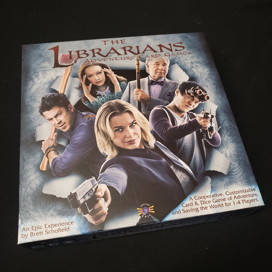 Image shows the front cover of the box of the Librarians Adventure Card Game